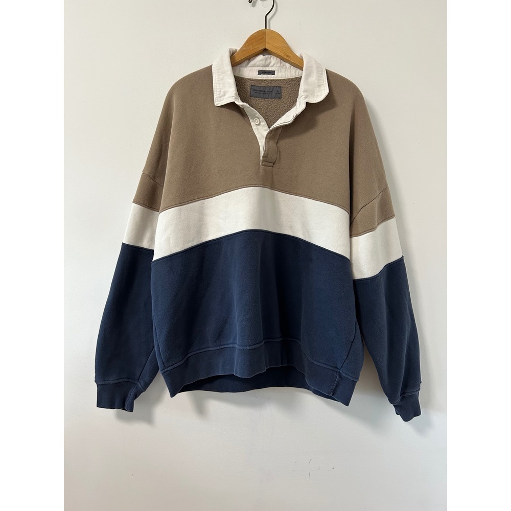 Abercrombie & Fitch Oversized Rugby Sweatshirt Womens XL Blue Tan Preppy